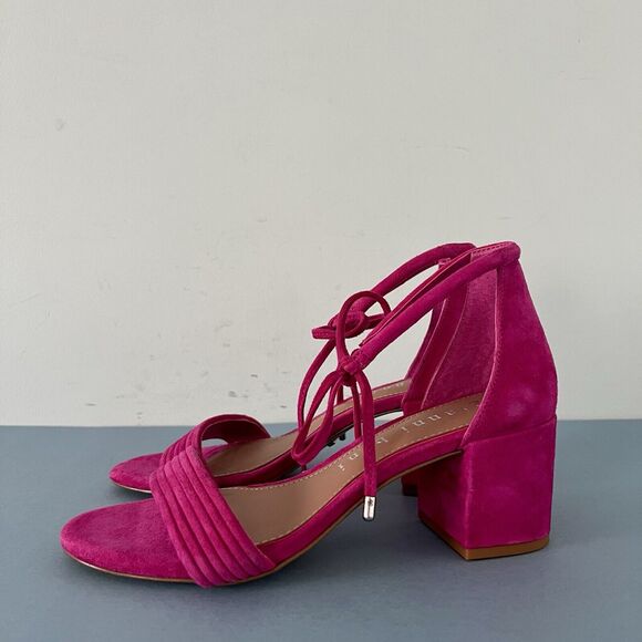 Gianni Bini Rhiaann Ankle Tie Pink Fuchsia Suede Block Heel Sandals - Picture 5 of 8